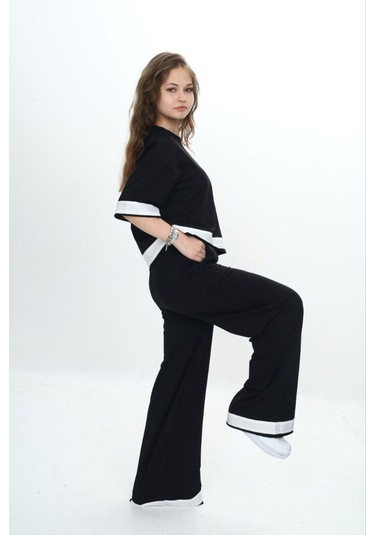 Kız Çocuk %100 Pamuk Kısa Kollu Garnili Truvakar Kol 2 İplik Alt&üst Eşofman Takımı-285-eşt-0011 Siyah