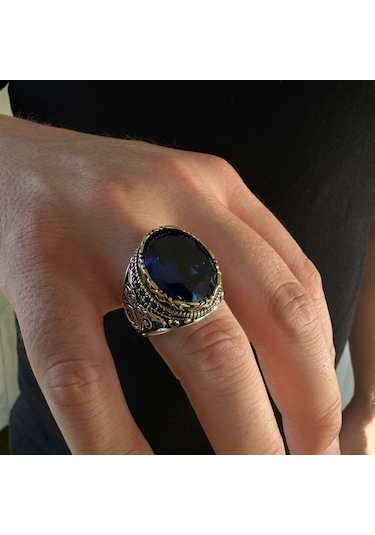 Takılingo 925 Ayar Gümüş Mavi Zirkon Taşlı Usta İşi Erkek Yüzük Gümüş