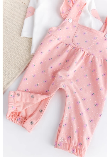 Çiçekli Fırfırlı 100% Pamuk 2'li Kız Bebek Salopet Tulum Set Somon