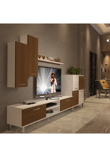 Decoraktiv Eko 6 Mdf Dvd Krom Ayaklı Tv Ünitesi Tv Sehpası Beyaz - Ceviz