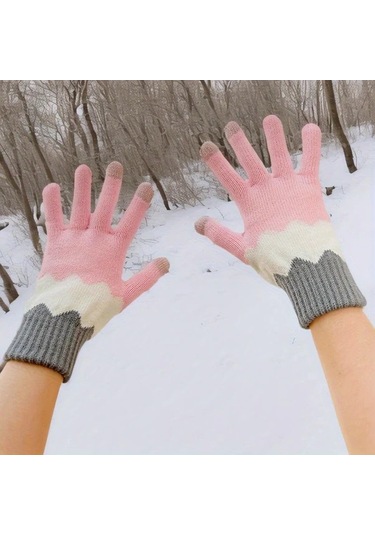 Elmpaly Pembe Kışlık Bisiklet Kayak Eldiveni Çiçek Desenli Rüzgar Koruma Dokunmatik