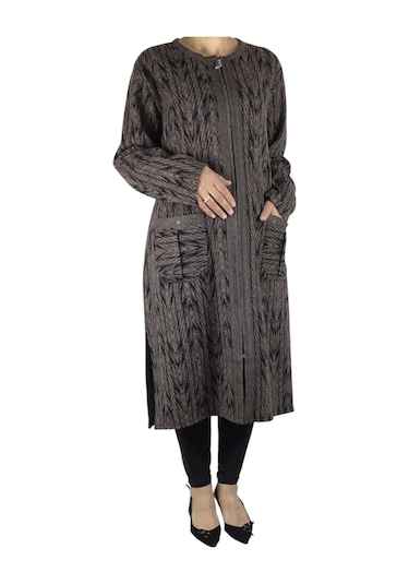 Kadın Önü Fermuarlı Üstten Cepli Kalın Kap Kahverengi