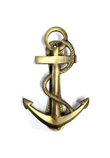 Antika Tarz Dekoratif Pirinç Halatlı, Çapa, Denizci, Gemici Kapı Tokmağı, Taktak - 170x60mm, Sarı