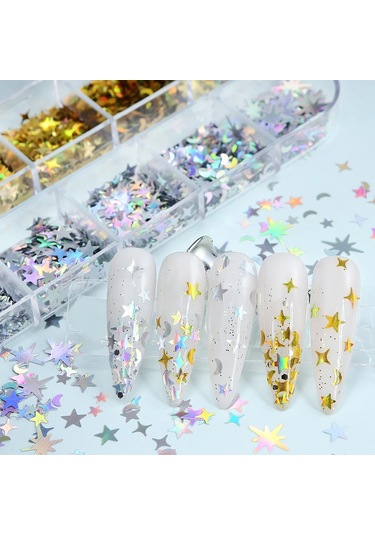 Holografik Gold Gümüş Ay Ve Yıldızlar Tırnak Süsleme Folyo Pulları Mix Nail Art