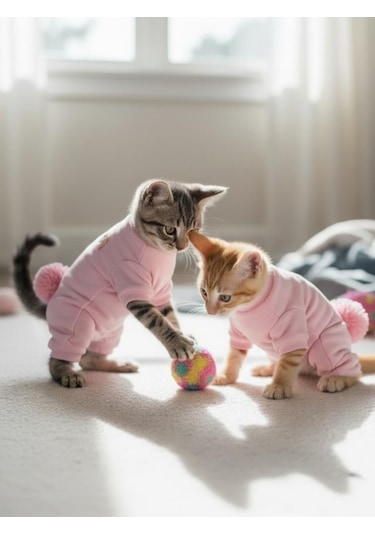Tassel And Rainbow Soft Pink - Pastel Pembe Pamuklu Kedi Tulum Pijama