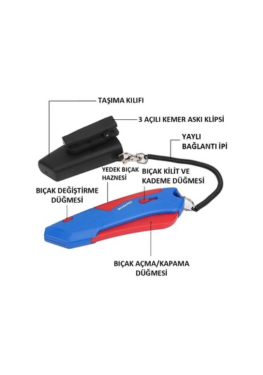 Workpro Wp213010 Kemer Askı Kancalı Otomatik Geri Çekilebilir Mandallı Rötuş Maket Bıçağı + 3 Adet Yedek Bıçak Fr Wp213010