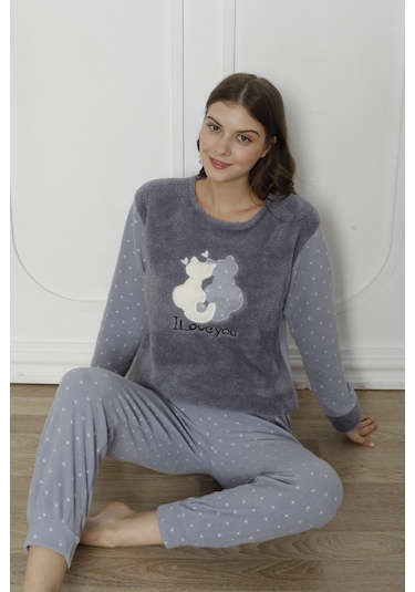 Fawn 3011 Peluş Welsoft Polar Kışlık Kadın Ev Kedi İşlemli Pijama Takımı Gri