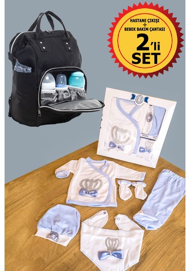 Bebek Bakım Çantası Ve 5 Parça Panda Hastane Çıkışı İkili Set Mavi - Siyah