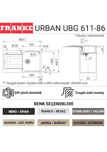 Franke Urban Ubg 611-86 Granit Eviye. Oyster. Tezgah Üstü. Tek Hazne. Damlalıklı. 86 x 50 CM