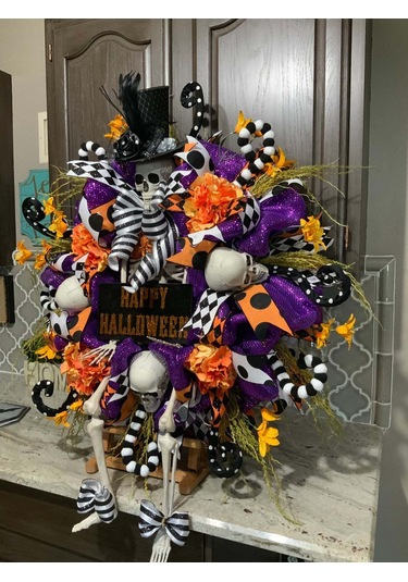 Hfambition Korkunç Halloween Gövde Simgeliği Yuvarlak Çiçek Ağı, Ev Kapısı Dekorasyonu, Korku Atmosferi Oluşturucu Unsur, Kalanpapağan Desenli, Ev Dekoru Aracı Çok Renkli