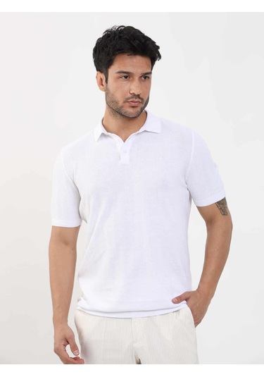 Dufy Beyaz Erkek Slim Fit Balıksırtı Desenli Polo Yaka Kazak - 104551-beyaz Beyaz