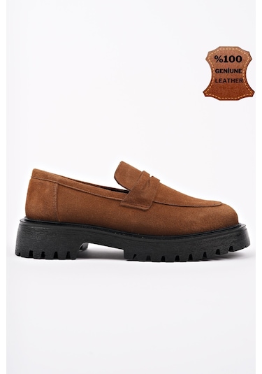 Muggo Paradise Hakiki Deri Kalın Taban Günlük Casual Makosen Kadın Loafer Ayakkabı Taba Süet