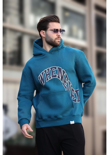 Madmext Petrol Mavisi Kapüşonlu Baskılı Cep Detaylı Erkek Sweatshirt E7065 Petrol Mavisi