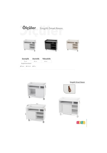 Creo Mobili Sürgü Kapaklı Organizer Smart Keson, Frenli Tekerlekli Ofis Ve Ev Komodini, Antrasit