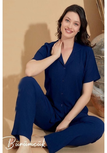 Lukitus Gömlek Yaka Bürümcük Kısa Kol Pijama Takımı Lacivert