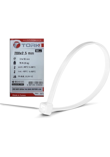 Plastik Kelepçe Cırt Kablo Bağı 2.5x200mm Beyaz 200 Adet