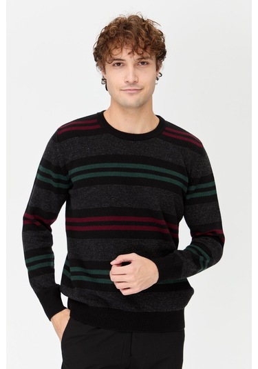 Erkek Sıfır Yaka Renkli Çizgili Klasik Yün Kazak Siyah Siyah