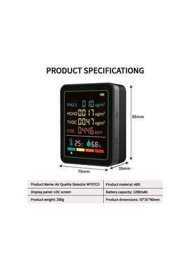 Shineyee Siyah Tripodlu Çevre Monitörü: Pm2.5, Co2, Tvoc, Hcho, Sıcaklık, Nem - Entegre Pil, Enstrüman + Yarıiletken Sensörler