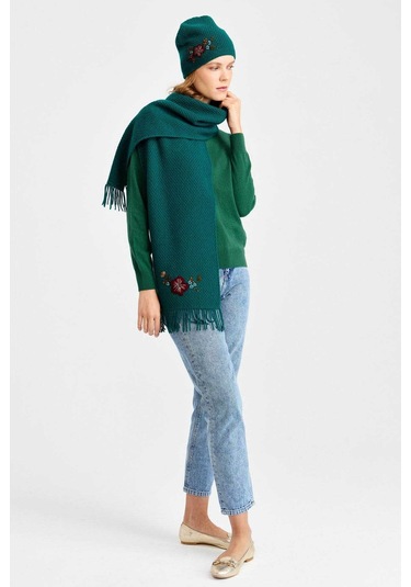 Desen Triko Kadın İşlemeli Yün Bere 22028 K. Ördek Başı Koyu Yeşil