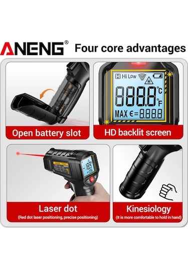 Boatshop1 1 Adet Aneng Th202 Kızılötesi Termometre Higrometre Temassız Ölçüm -50 600 Lcd Ekran Abs Reçine Pil İle Çalışır Th202 Red