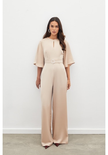 Sateen Kemerli Krep Tulum - Bej