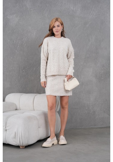 Kadın Bisiklet Yaka Saç Örgü Kazak Etek İkili Triko Takım Taş