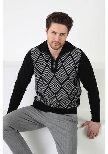 Ferraro Siyah Kare Desenli Dik Yaka %100 Kuzu Yünü Erkek Kazak Siyah (536161052) Siyah