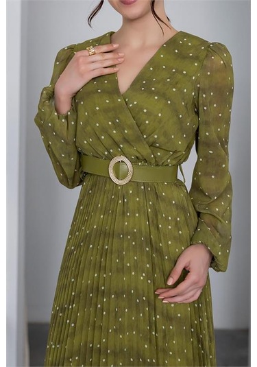 Neşeli Butik Kadın Kemerli Puantiye Desenli Şifon Elbise Nbmy3286 Yağ Yeşili