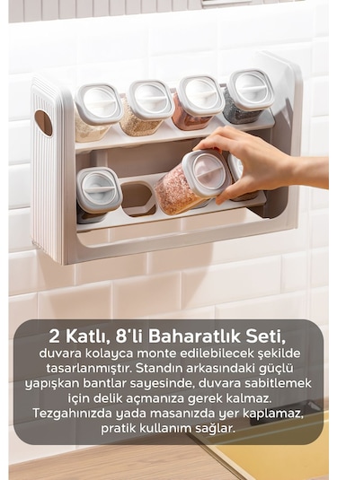 8'li Standlı, Kilitlenebilir Kapaklı Hava Almaz Baharatlık Seti - Bej