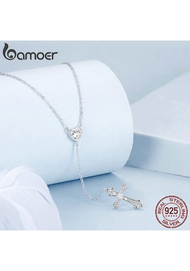 Bamoer 925 Ayar Gümüş Narin Kalp Şeklinde Kolye Kolye Y Şeklinde Çapraz Zincir Kolye Kadınlar İçin Parti Zarif Güzel Takı Hediye Gümüş