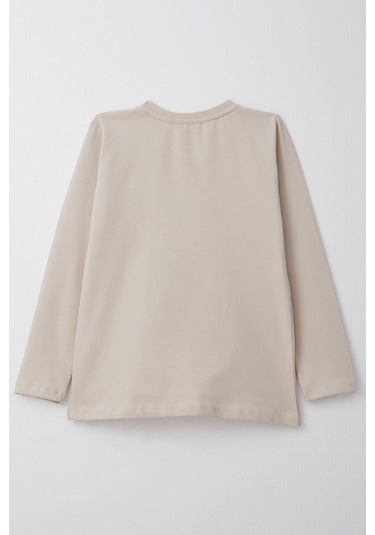 Breeze Erkek Çocuk Uzun Kollu Tişört Cool Yazı Armalı Cepli 4-8 Yaş, Bej Bej