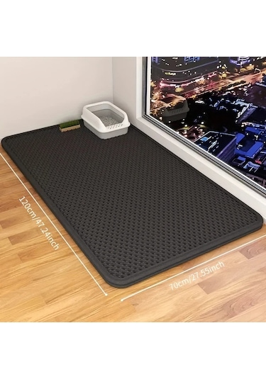 Honeybeeshop Siyah 70x120 Ekstra Büyük Çift Katmanlı Kedi Kumu Matı Eva Malzeme Sıçrama Önleyici Ve Sızdırmaz Tasarım
