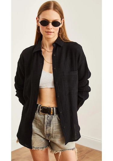 Kadın Oversize Basic Cepli Müslin Gömlek Siyah