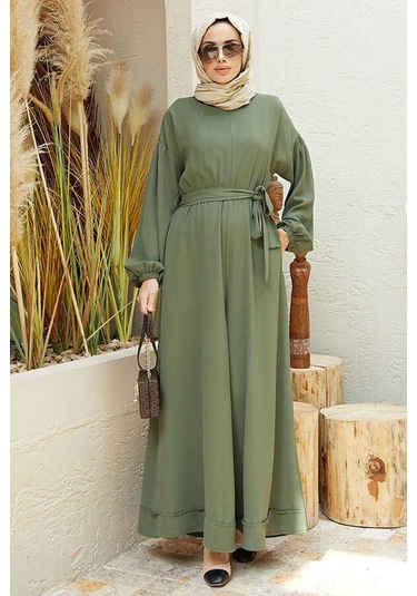 6569-Krep Tulum Elbise Haki