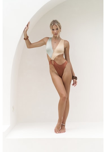 Zahra Renk Bloklu Kiremit Mayokini Çok Renkli