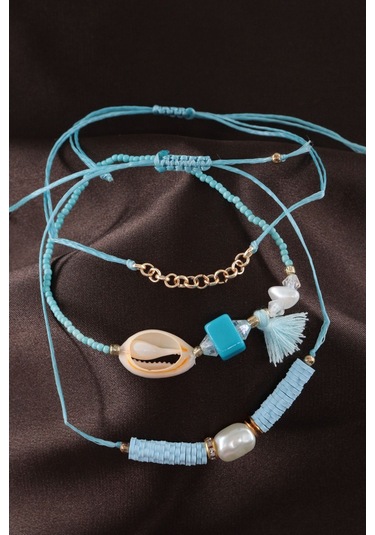 3lü Deniz Kabuğu İncili Boncuklu Püsküllü Asansörlü Lastikli İp Bileklik. Kadın İp Bileklik Halhal Çok Renkli