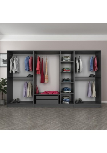 Minar Kale 7 Kapaklı 5 Aynalı 2 Çekmeceli Dolap Antrasit Dore 190cm Çok Renkli