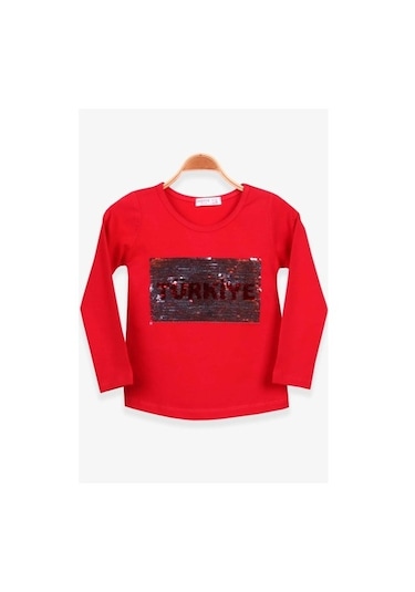 Kız Çocuk Uzun Kollu Tişört Pullu Ay Yıldız Kırmızı (4-14 Yaş)