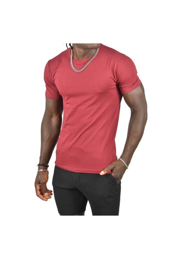 Deepsea Erkek Nar Çiçeği Sıfır Yaka Dar Kesim Likralı Düz Basic Tişört 1801131 Nar Çiçeği