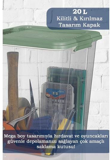 2'li Megabox 20l Saklama Kabı - Kilitli Kapaklı Çok Amaçlı Düzenleyici Kiler Depolama Oyuncak Kutusu Yeşil