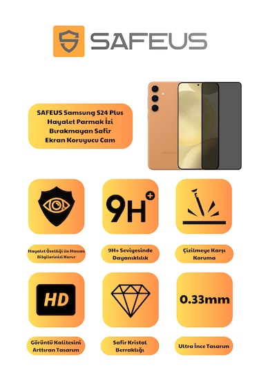 Safeus Tam Kaplayan Hayalet Parmak İzi Bırakmayan Safir Ekran Koruyucu Cam , Samsung S24 Plus İle Uyumlu