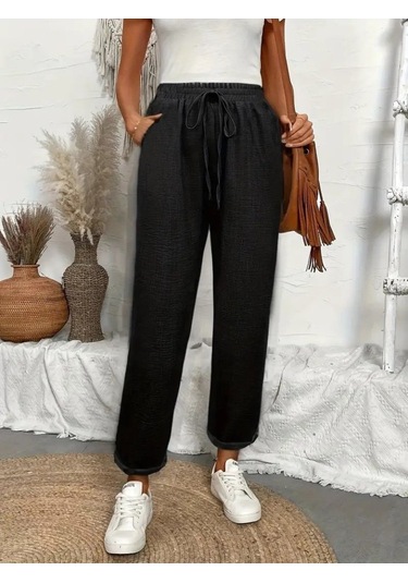 Simala Kadın Yüksek Bel Lastikli Belde Bağcık Detaylı Aerobin Pantolon Siyah