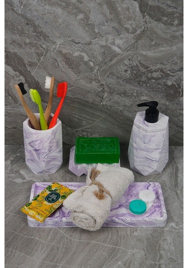 4 Parça Mor Mermer Desenli Beton Banyo Seti Diş Fırçalığı Sıvı Katı Sabunluk Tepsi Lila