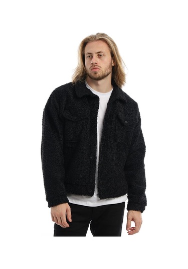 Erkek Kıvırçık Peluş Cıt Cıt Kapamalı Ceket Siyah
