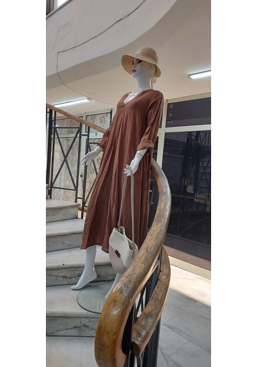 İtalyan V Yaka Uzun Kol Keten Elbise-8907 Kahve Rengi Kahverengi