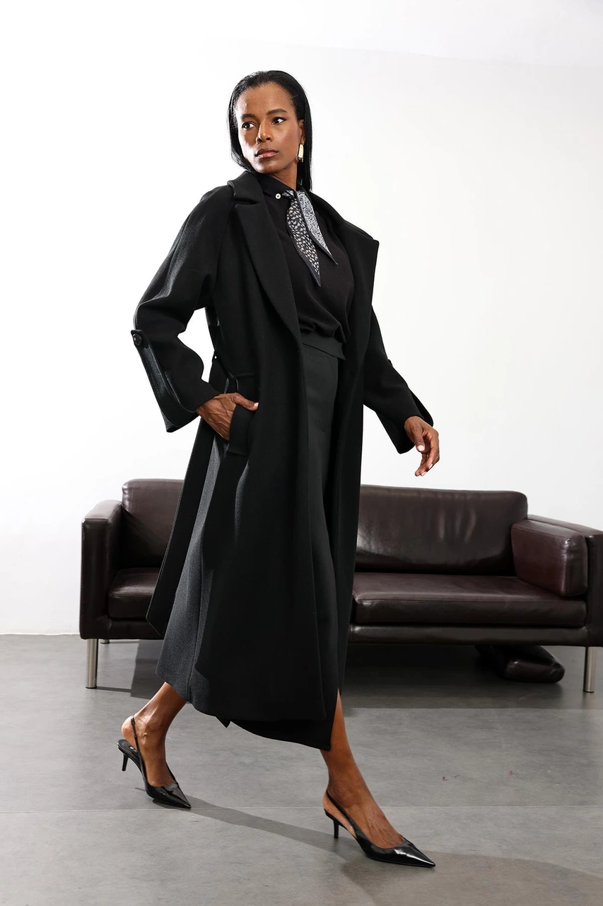 Siyah Kuşaklı Kaşe Palto 1146 Siyah