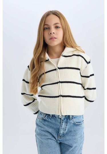 DeFacto Kız Çocuk Çizgili Fermuarlı Triko Hırka D1387A824WNER233 Ekru