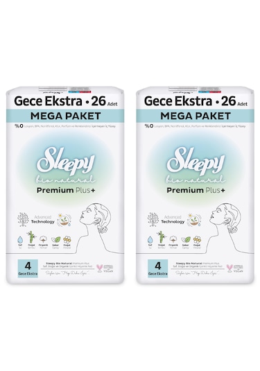 Sleepy Bio Natural Premium Plus Hijyenik Ped Mega Paket Gece Extra 26x2 (52 Adet) + Cüzdan Hediyeli