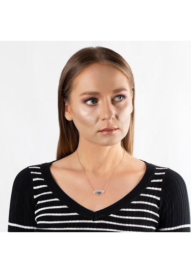 Zirkon-Turkuaz Taşlı Rose Renk 925 Ayar Gümüş Göz Kolye (459601982)