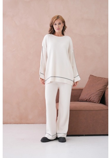 Kadın Geniş Yaka Kazak Pantolon İkili Triko Takım Taş